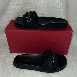 Valentino Suede Pool Slides with Chain